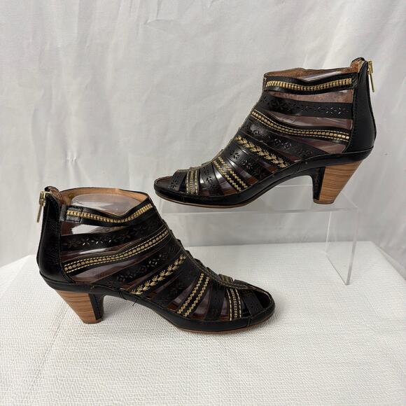 Pikolinos Java Sandals Womens 7 Gladiator Heel Leather Black Boho Ankle Zip 37 - Picture 9 of 10